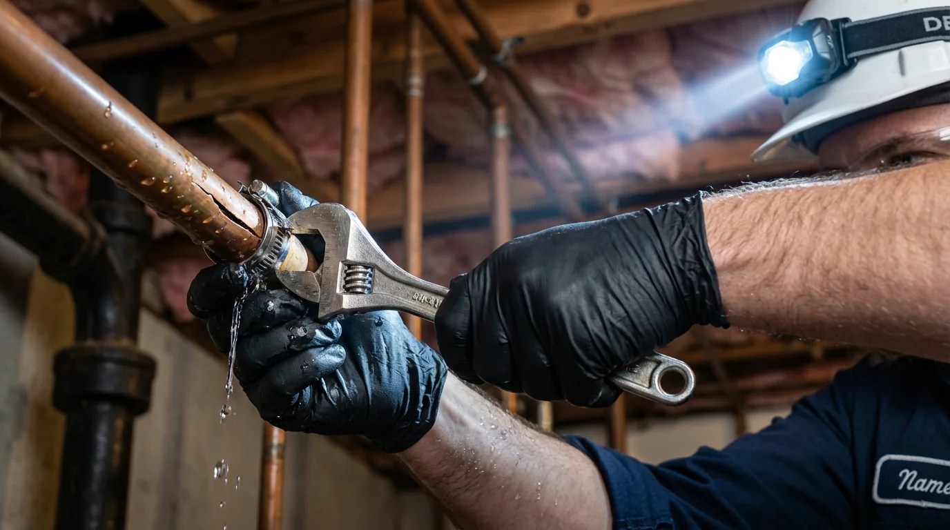 Emergency pipe clamp repair being performed by a Johns Plumbing LLC plumber in Hampton